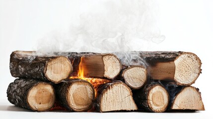 Large logs with slow-burning fire and faint smoke on white background.