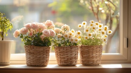 Sunlight streams through window, illuminating blossoms in woven planters.