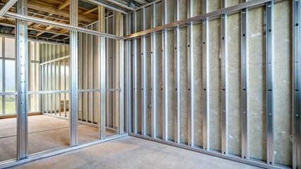 A rectangular section of plasterboard wall with a steel profile attached to it for noise insulation and structural support, steel frame, building material