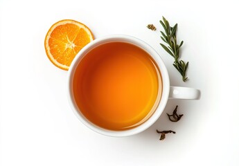Top-view white cup with orange foamy drink on speckled surface.