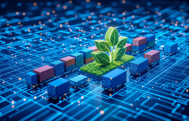 A vibrant green plant sprouts amidst a network of miniature cargo containers, illustrating sustainable logistics and eco-friendly supply chains.