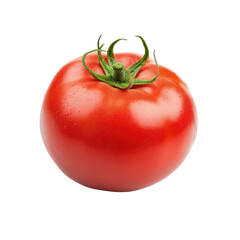 Single, ripe, red tomato, smooth skin, with green stem