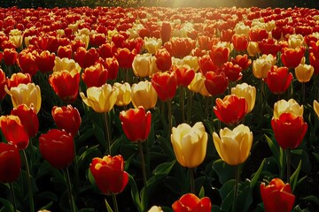 Vibrant red and cream tulips in a field bathed in golden sunlight.  Close-up view of numerous blossoms