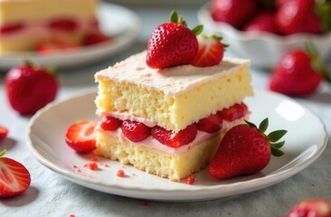 Delicious strawberry shortcake on white plate with fresh berries and cream layers