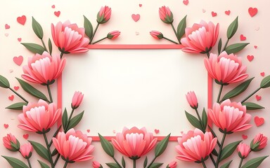 Fototapeta premium Abstract Festive Background with Flowers and a Rectangular Frame. Happy Mother's Day. Women's Day, March 8. Paper cut Floral Greeting Card. Vector illustration. High quality