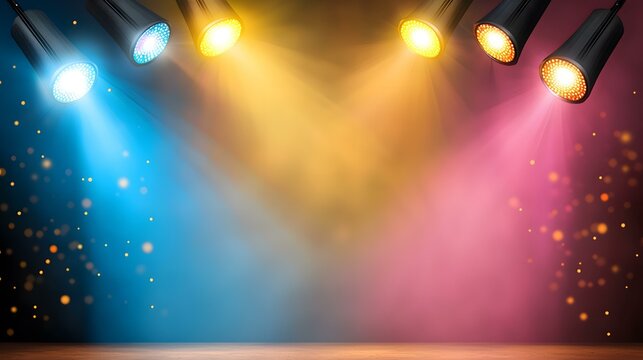 The image shows four spotlights shining on a wooden stage.  Two spotlights cast a blue light, and two cast a warm orange light, creating a colorful and dramatic background.