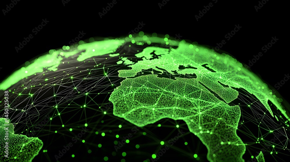 Aufkleber the image shows a stylized globe, rendered in green, with a network of interconnected nodes and line