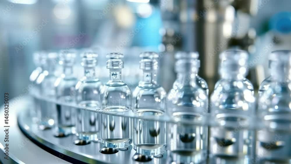 Poster a row of clear glass bottles filled with a transparent liquid moves along a conveyor belt inside of 
