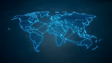 Naklejka premium The image shows a glowing blue, digitized world map with lines connecting various points across continents, suggesting global interconnectedness or networks.
