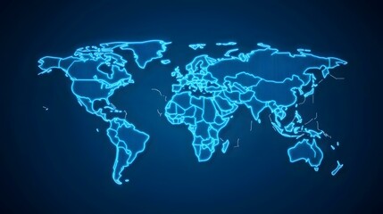 The image contains a glowing blue neon outline of a world map, showing the borders of all countries.