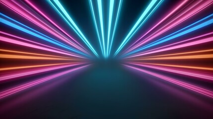 Vibrant neon light streaks in pink, orange, and blue converge at a central vanishing point, creating a dynamic and energetic abstract composition.