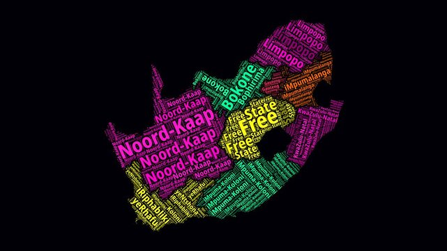 South Africa Intro Video. Regions Word Clouds Animation. South Africa regions names in Afrikaans language fading in on black background. Country building of territory names video. Modern animation.