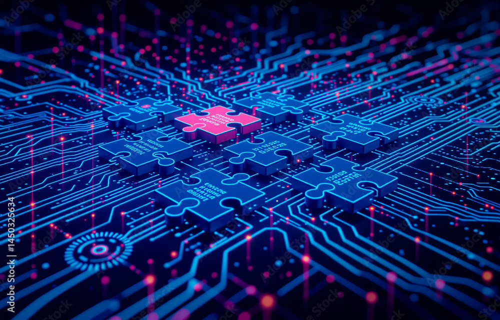 Poster glowing puzzle pieces interconnect on a vibrant circuit board, symbolizing technological integration