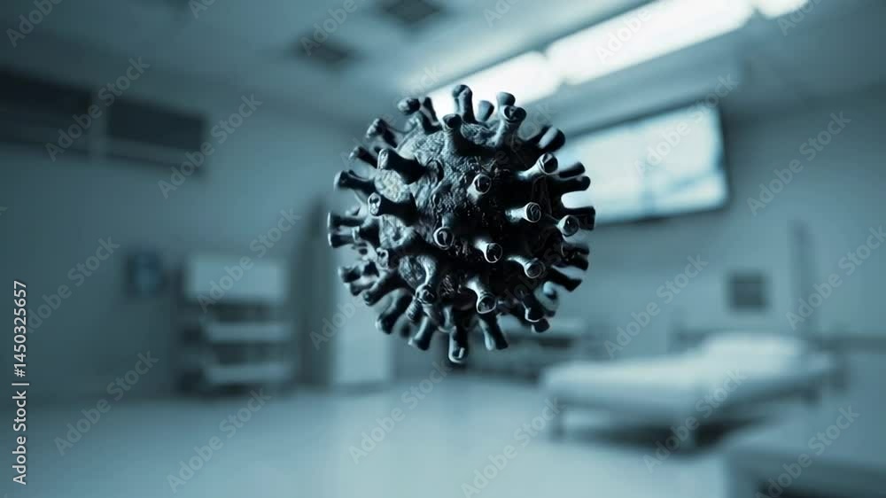 Poster microscopic view of a virus particle floating menacingly in a sterile hospital room, evoking the cha