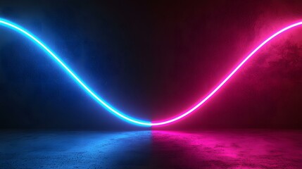 A dark room is split in half by a curved neon light; one half is illuminated in bright blue, the other in bright pink.