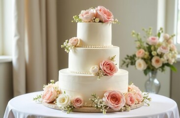 Elegant three-tier wedding cake with pink roses and delicate floral decorations