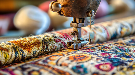 Vintage sewing machine meticulously repairing an elaborate, richly textured rug