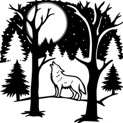 Fototapeta premium Forest nature view with animal silhouettes, SVG vector with clean lines. Howling Wolf Silhouette Under Full Moon in Forest Scene
