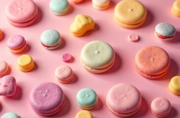 Obraz premium Colorful assortment of pastel macarons on pink background
