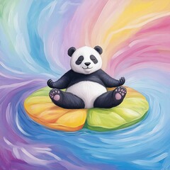 Serene panda bear meditating peacefully on a floating lily pad in a whimsical swirling pond of pastel colored water  A tranquil abstract and colorful pop art