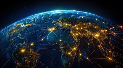 HD Earth view from space with city lights and glowing network connections.