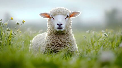 Obraz premium Sheep grazing in a lush green pasture close up portrait