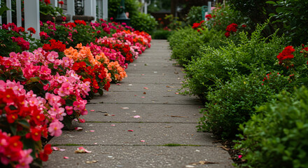Naklejka premium Pathway Through A Vibrant Floral Bordered Garden During Summer Season