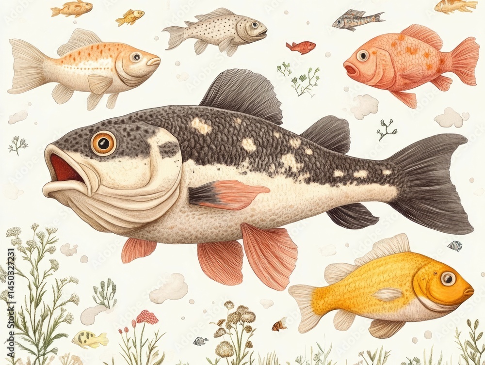 Poster surreal and vibrant depicting a group of fish swimming in a captivating underwater environment each 