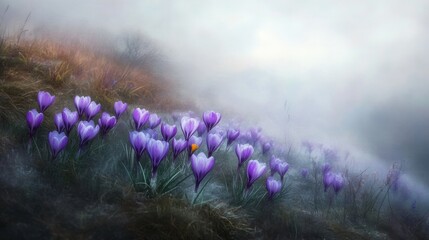 Misty mountainside covered in purple crocuses.
