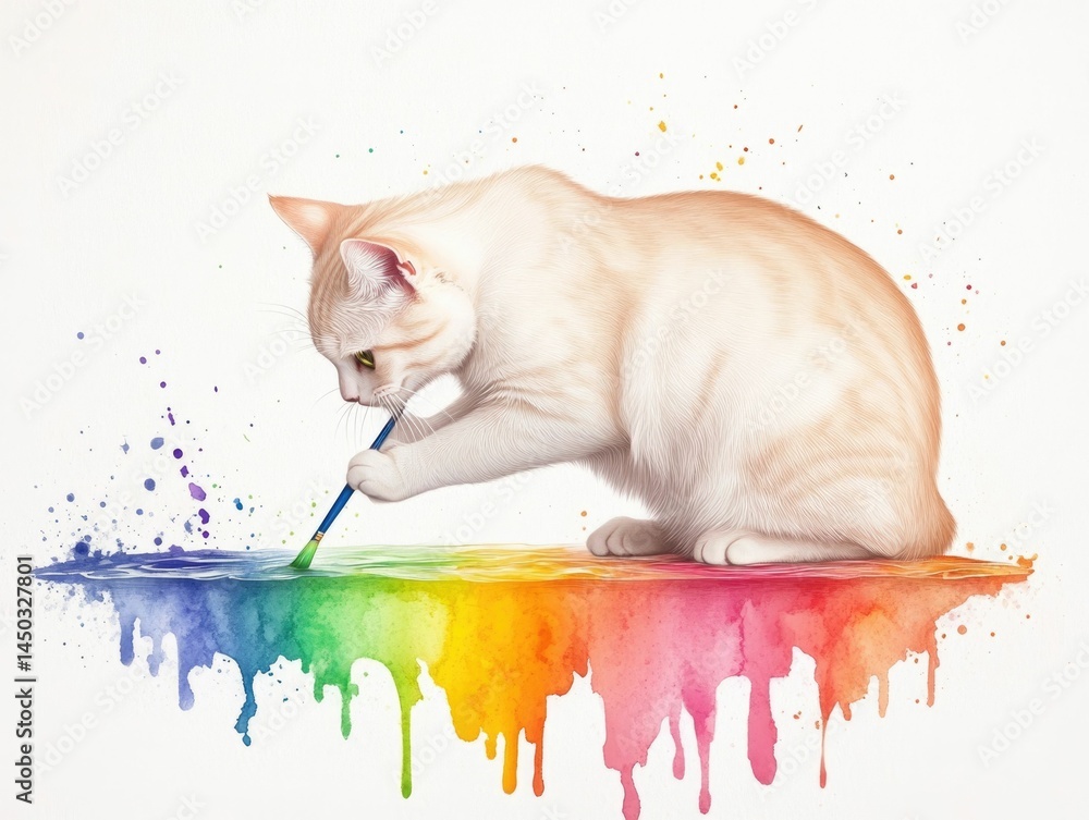 Poster a curious cat painting its own reflection in a pool of vibrant colorful paints surrounded by dynamic