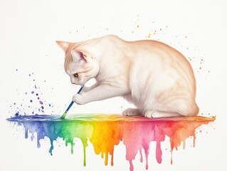 A curious cat painting its own reflection in a pool of vibrant  colorful paints  surrounded by dynamic splatters and abstract  pop art inspired elements  showcasing a creative  imaginative