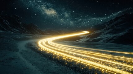 Glowing light trails on winding road through dark mountains under starry night sky.