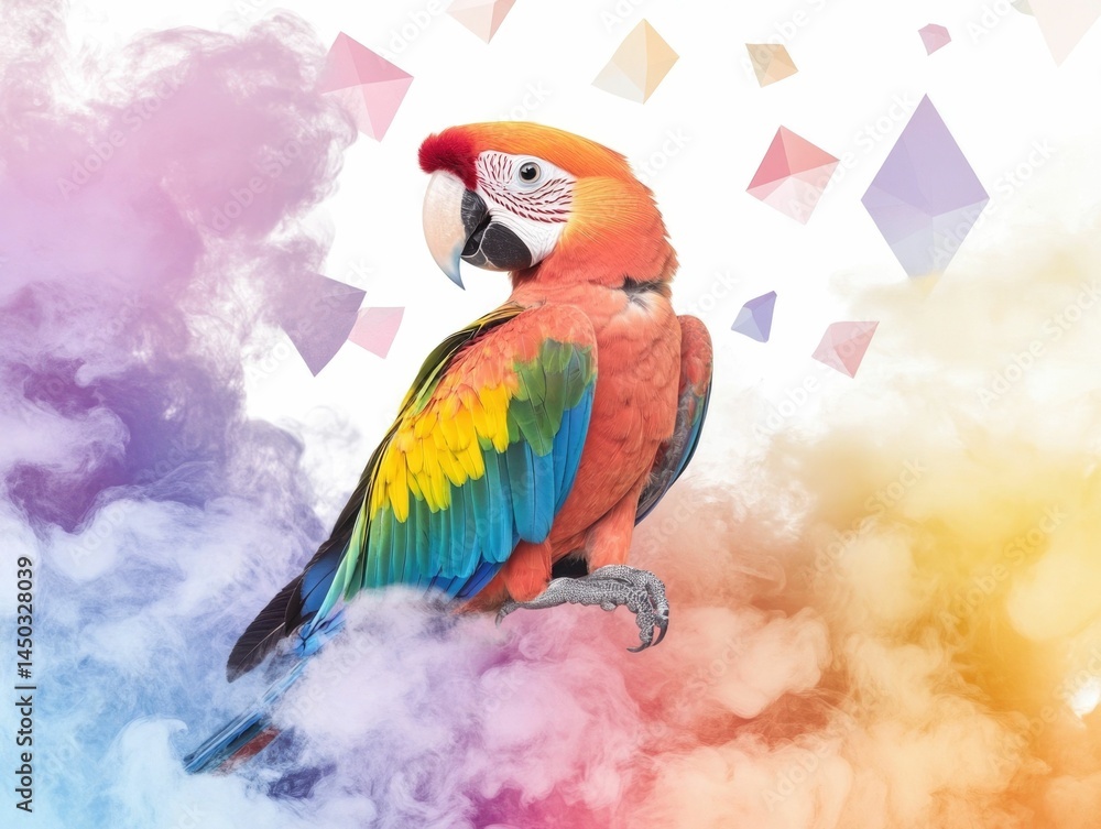 Poster vibrant and playful macaw parrot creating abstract art in the sky with colored smoke surrounded by w