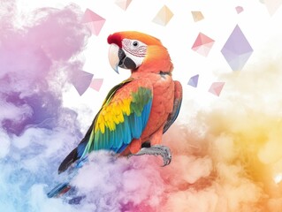 Vibrant and playful macaw parrot creating abstract art in the sky with colored smoke surrounded by whimsical geometric clouds in a digital pop art style