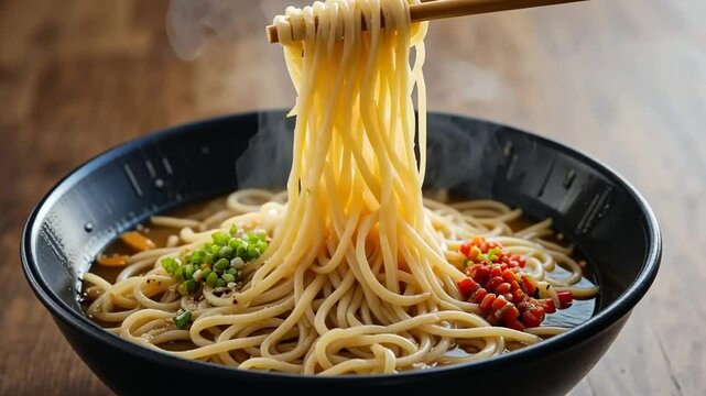 Steaming Noodles with Chopsticks in Black Bowl