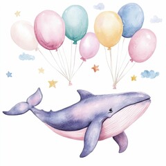 A serene and whimsical featuring a pastel colored whale gracefully swimming through a sky filled with vibrant  floating balloons and fluffy  celestial star clouds  creating a dreamlike