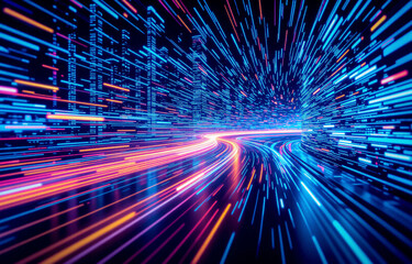 Vibrant abstract light trails depicting rapid data flow in a digital tunnel, symbolizing high-speed communication and technology.