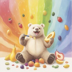 A cute bear painting a giant mural made of a variety of colorful fruits surrounded by a vibrant rainbow of brush strokes and abstract patterns in a whimsical pop art style