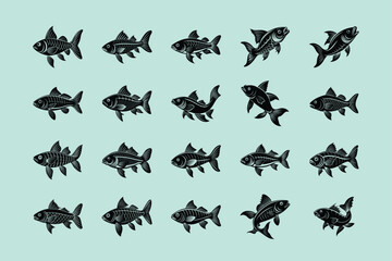 Red mullet fish design, labeled linocut vector illustration.