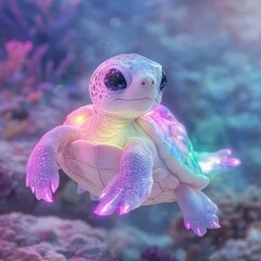 A vibrant tie dye patterned sea turtle exploring a luminous underwater coral reef surrounded by surreal glowing aquatic creatures in a fantastical pop art inspired digital