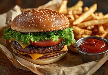 Burger with sesame bun, fries, and ketchup on a wooden table.