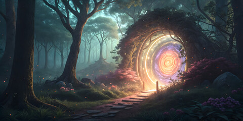Dreamlike portal adventure enchanted forest digital art mystical environment whimsical viewpoint