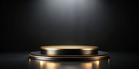 Empty black gold podium stage with luxury pedestal for product display on dark backdrop