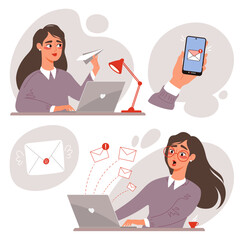 Business correspondence and mailing concept. Woman sending messages and receives customer feedback. Flat vector illustration