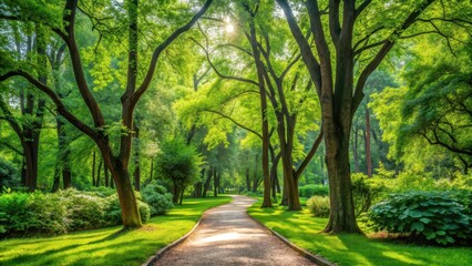 Obraz premium Overgrown park surrounded by lush greenery and tall trees, with a winding path leading through the dense foliage, outdoor