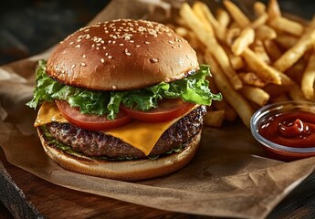 Burger with sesame bun, fries, and ketchup on a wooden table.