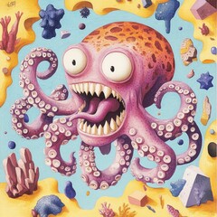 Whimsical pop art of a dreamlike half octopus half dragon sea creature swirling through a vibrant underwater landscape filled with geometric shapes vivid turquoise and coral colors