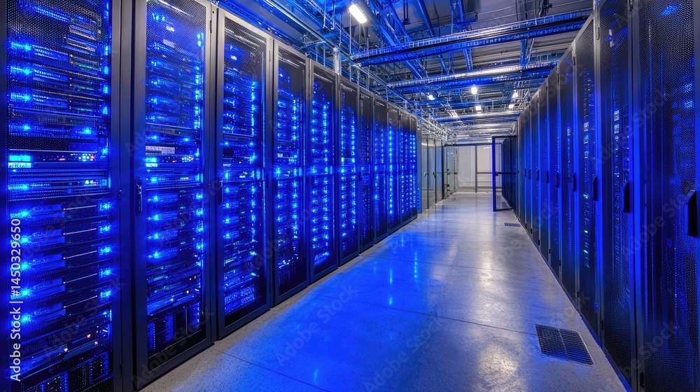 Poster brightly lit modern data center corridor filled with blue illuminated server racks, perfect for clou