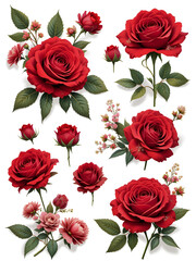 Vector flower set of red rose bouquets with flowers and leaves on a white background.