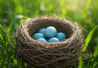 Obraz premium Bird Nest with Blue Eggs Symbolizing New Life Nature